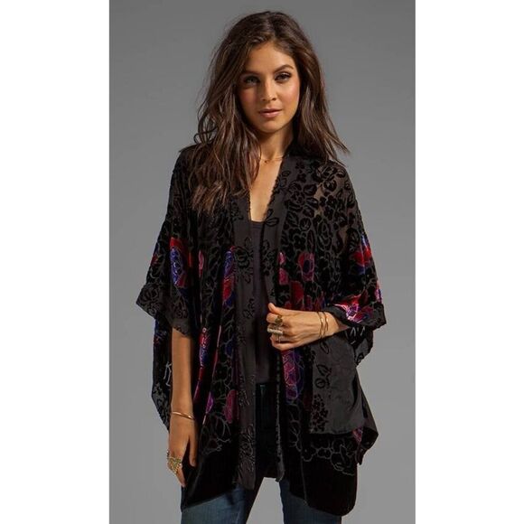 Anna Sui Sweaters - Revolve, Anna Sui Rose Border Burnout Velvet Open Cardigan in Black Multi PS